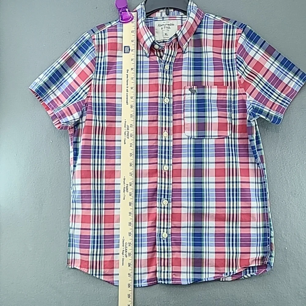ABERCROMBIE & FITCH Boys Button Down Short Sleeve Red Blue Plaid Shirt - Size XL